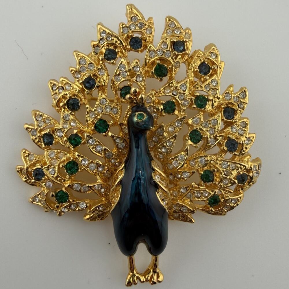 Peacock Brooch Gold Tone Blue Green Rhinestones Enamel Large Statement Bird Pin
